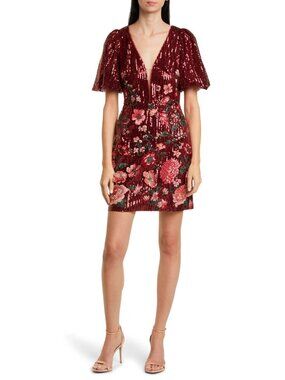 Marchesa Notte Women's Artwork Sequin Mini Party Dress in Burgundi Floral Size 4